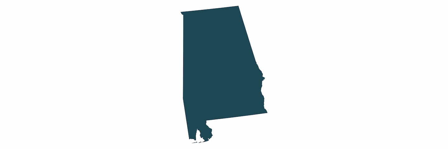 A simple silhouette of the state of Alabama in a solid dark teal color, isolated on a white background.