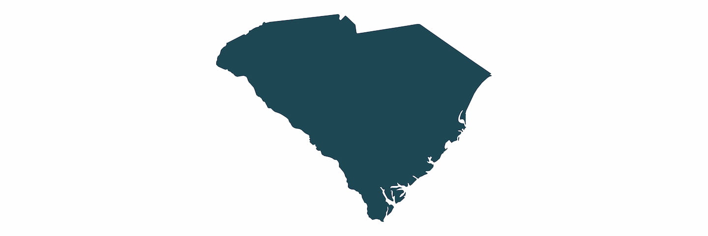 A simple, flat vector illustration of the map of South Carolina in dark teal color on a white background.