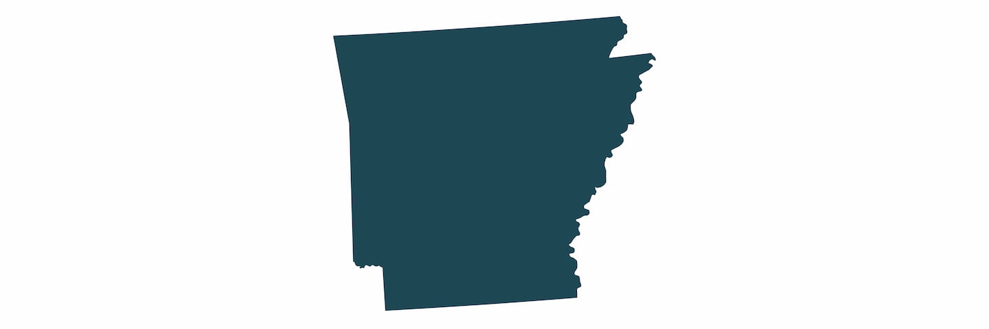 A simple, flat illustration of the geographical outline of the state of Arkansas, colored in dark teal on a white background.