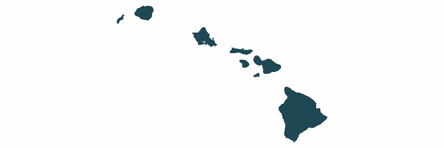 Minimalist map of the Hawaiian Islands in dark blue on a white background.