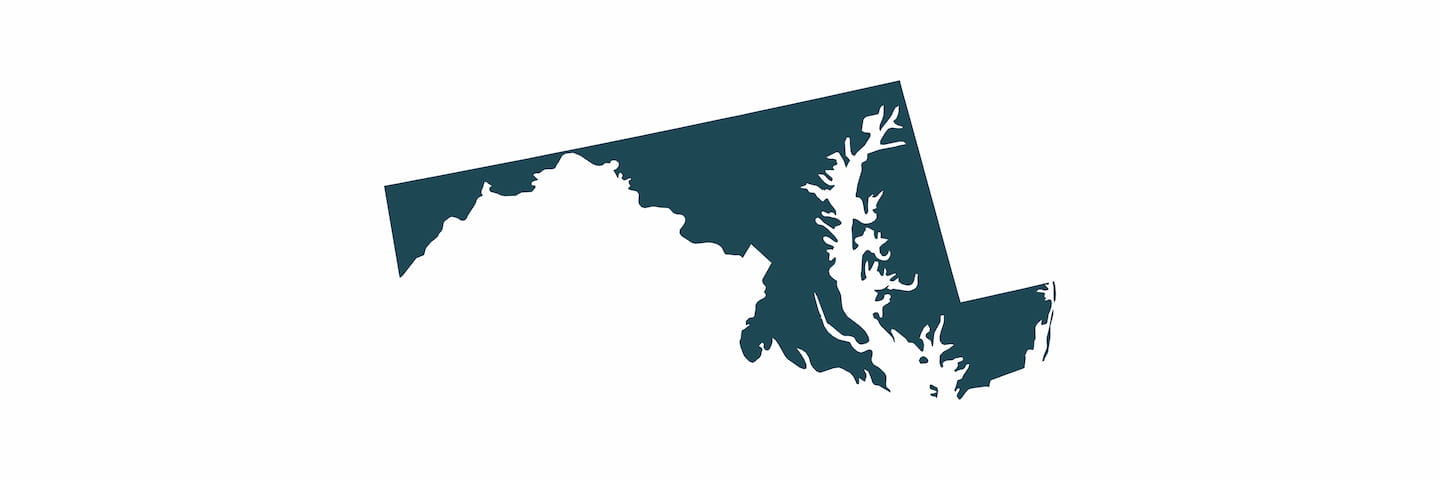 A stylized map of Maryland in dark teal with a white Chesapeake Bay illustration dividing the eastern and western parts of the state.