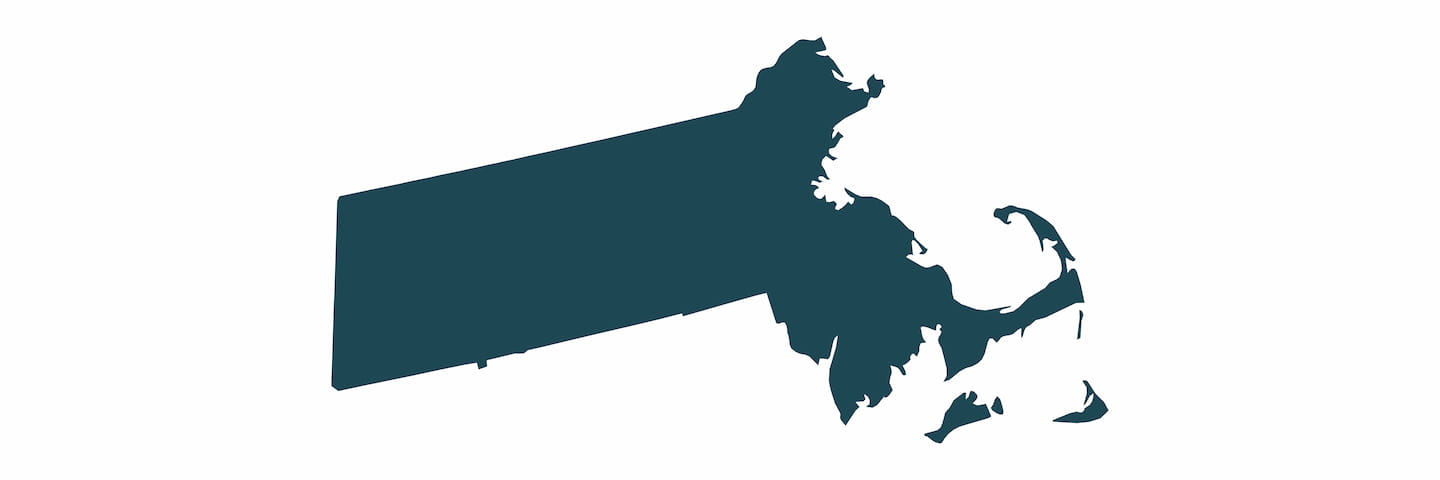 A simplified, dark blue silhouette of the state of Massachusetts on a plain white background.