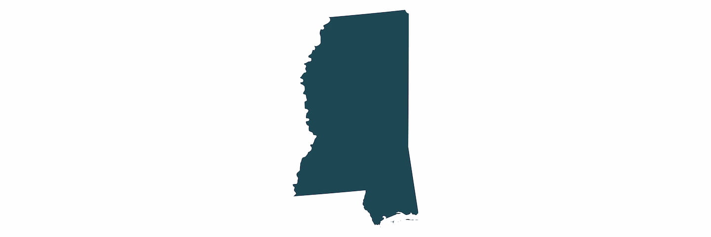 A simple graphic map of the state of Mississippi, USA, depicted in solid dark blue color on a plain white background.