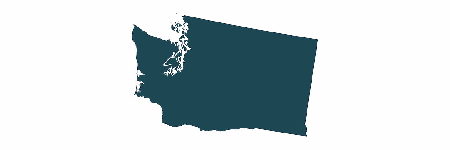 A simple, dark silhouette of the state of Washington, USA, showing its distinct geographical shape including the Pacific coastline and Puget Sound.